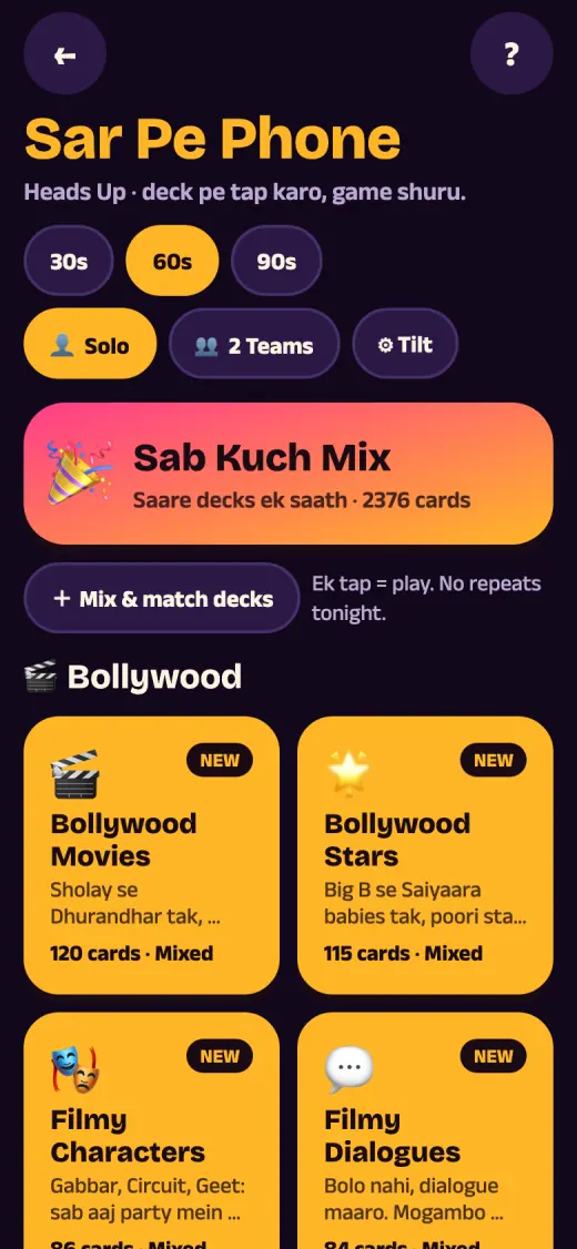 Deck picker with Sab Kuch Mix and Bollywood decks