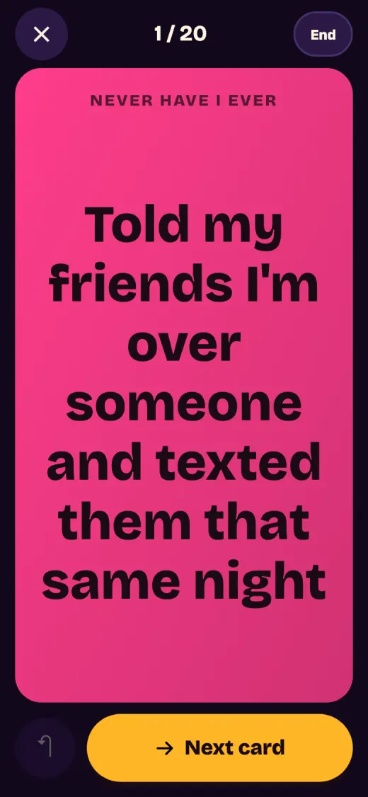 Never Have I Ever card on a pink background